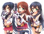  adjusting_hair agano_(kantai_collection) black_hair black_panties breasts brown_eyes brown_hair comb gloves goushou green_eyes kantai_collection large_breasts long_hair looking_at_viewer midriff miniskirt multiple_girls noshiro_(kantai_collection) open_mouth panties pleated_skirt ponytail red_eyes red_skirt school_uniform single_thighhigh skirt thighhighs tying_hair underwear very_long_hair white_background yahagi_(kantai_collection) 