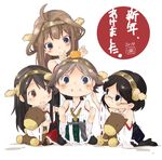  ahoge bare_shoulders brown_hair detached_sleeves double_bun food food_on_head fruit glasses hair_ornament hairband haruna_(kantai_collection) hatamichi_(ichibata5656) headgear hiei_(kantai_collection) japanese_clothes kantai_collection kirishima_(kantai_collection) kongou_(kantai_collection) long_hair mandarin_orange multiple_girls nontraditional_miko object_on_head round_eyewear signature stuffed_animal stuffed_toy translated younger 