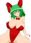  1girl animal_ears breasts bunny_ears bunny_girl bunnysuit curvy female green_hair huge_breasts kazami_yuuka red_eyes sawa_(snack_yoshie) short_hair simple_background smile solo spread_legs thighs touhou white_background 