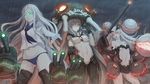  anchorage_hime glowing glowing_eyes green_eyes kantai_collection long_hair multiple_girls orange_eyes red_eyes shinkaisei-kan silver_hair smile ta-class_battleship turret usanekorin wo-class_aircraft_carrier 