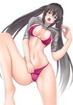  bikini black_hair blue_eyes breasts covered_nipples large_breasts leg_lift long_hair looking_at_viewer muffin_(sirumeria) navel open_mouth original shirt shirt_lift simple_background smile solo swimsuit twintails very_long_hair white_background 