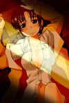  arms_up blush breasts brown_eyes brown_hair cleavage coat collarbone commentary_request highres large_breasts looking_at_viewer lying mature naked_shirt navel nishi_koutarou on_back open_clothes open_coat original shirt solo tile_floor tiles unbuttoned 