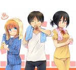  2boys armin_arlert black_hair blonde_hair blue_eyes blush bottle brown_hair chocolate_milk drinking eren_yeager grey_eyes marimo_danshaku mikasa_ackerman milk milk_bottle multiple_boys orange_juice pajamas pinstripe_pattern ponytail ribbon shingeki_no_kyojin short_hair smile strawberry_milk striped sweat towel towel_around_neck yellow_eyes 