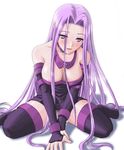  areola_slip areolae bare_shoulders blush breasts collar dress elbow_gloves fate/stay_night fate_(series) gloves large_breasts long_hair nanagami_ginji purple_eyes purple_hair pussy_juice rider sitting solo spread_legs strapless strapless_dress thighhighs very_long_hair wariza 
