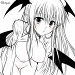  bad_id bad_nijie_id bat_wings blush bottomless breasts dress_shirt hanging_breasts head_wings koakuma large_breasts long_hair looking_at_viewer monochrome multiple_wings naked_shirt nipples no_bra o3o open_clothes open_shirt pointy_ears shirt simple_background solo spot_color touhou twitter_username white_background wings yua_(checkmate) 