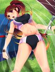  breasts brown_hair grass hair_ribbon high_jump koflif large_breasts long_hair midriff navel open_mouth original ponytail purple_eyes ribbon solo sports_bikini taut_clothes track track_and_field track_uniform watch wristband wristwatch 