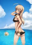  ahoge ass ball beachball bikini blonde_hair blue_eyes breasts butt_crack cloud day hanna-justina_marseille highres long_hair looking_at_viewer looking_back medium_breasts ocean side-tie_bikini sideboob sky smile solo solokov_(okb-999) strike_witches swimsuit wading water wet world_witches_series 