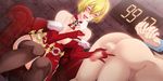  1girl ass blonde_hair blush breasts censored cum elbow_gloves eroquis eyes_closed eyeshadow femdom fur_trim gloves gokkun hiny ichijou_shizuka large_breasts makeup open_mouth penis red_gloves revenge_room shiny_clothes shiny_hair shiny_skin short_hair sitting testicles thighhighs yoko_juusuke 