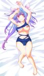  arms_up bandaid bandaids_on_nipples barefoot bed_sheet blue_hair dakimakura full_body gradient_hair i-19_(kantai_collection) kantai_collection long_hair looking_at_viewer lying multicolored_hair navel on_back one-piece_swimsuit pasties pink_hair school_swimsuit solo star star-shaped_pupils swimsuit symbol-shaped_pupils torn_clothes torn_swimsuit twintails wavy_mouth yumi_yumi 