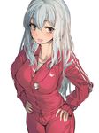  alternate_costume blush breasts brown_eyes geppewi kamishirasawa_keine large_breasts long_hair looking_at_viewer open_mouth silver_hair simple_background smile solo touhou track_suit white_background 