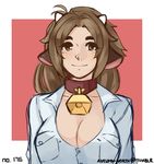  animal_ears antenna_hair autumn-north bell bell_collar borrowed_character breasts brown_eyes brown_hair cleavage collar cow_bell cow_ears cow_girl cow_horns ego_trigger horns large_breasts long_hair mattie_(ego_trigger) original solo upper_body watermark web_address 