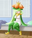  anthrofied bed blush breasts embarrassed female flora_fauna inside legwear lilligant looking_away nintendo ole personification pok&#233;mon pok&eacute;mon sitting solo stockings video_games 