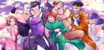  6+boys apron hat iggy_(jojo) jean_pierre_polnareff jojo_no_kimyou_na_bouken joseph_joestar kakyouin_noriaki kuujou_holly kuujou_joutarou mohammed_avdol multiple_boys pai_(rekisisukikko) purple 