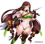  bad_id bad_pixiv_id boots breasts brown_eyes brown_gloves brown_hair brown_legwear earrings fingerless_gloves frown gloves hizuki_akira holding holding_weapon jewelry large_breasts long_hair navel original polearm sangoku_infinity sidelocks solo spear thighhighs weapon white_background 
