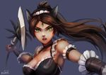  alternate_costume animal_ears armpits bare_shoulders breasts brown_hair cat_ears chan_qi_(fireworkhouse) cleavage collarbone green_eyes highres holding holding_weapon league_of_legends long_hair maid maid_headdress medium_breasts nidalee open_mouth polearm ponytail sideboob solo spear weapon 
