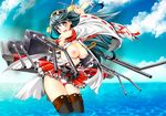  bare_shoulders black_hair black_legwear blush boots breasts brown_eyes cannon day detached_sleeves hairband haruna_(kantai_collection) itachou japanese_clothes kantai_collection large_breasts long_hair mecha_musume nipples open_mouth skirt sky solo thigh_boots thighhighs wading water wide_sleeves 