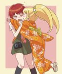  black_legwear blonde_hair blush bow camera cheek_kiss closed_eyes danganronpa freckles green_eyes hair_bow hug japanese_clothes kimono kiss kneehighs koizumi_mahiru multiple_girls namu_(nurui_cha) necktie red_hair saionji_hiyoko sandals super_danganronpa_2 sweat twintails wince yuri 