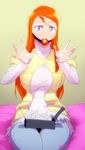  absurdres bad_deviantart_id bad_id ball_gag bleach blue_eyes blush box breasts denim gag gagged gairon gift gift_box highres inoue_orihime jeans large_breasts long_hair looking_at_viewer orange_hair pants sitting solo 