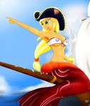  abs absurd_res anthro anthrofied applejack_(mlp) blonde_hair blumagpie breasts cleavage clothed clothing cloud cutlass equine female friendship_is_magic hair hat hi_res mammal mermaid my_little_pony navel outside pirate pirate_hat pirate_ship pointing ponytail sea ship sitting skull sky solo sword water weapon 