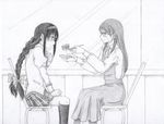  akemi_homura aoi_hana black_hair braid cake crossover food mahou_shoujo_madoka_magica manjoume_fumi school_uniform traditional_media yuri 