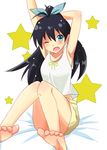  barefoot black_hair blue_eyes feet ganaha_hibiki idolmaster idolmaster_(classic) long_hair one_eye_closed ponytail solo sr_soba star stretch toes wince 