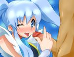  1girl 4shi :p blue_eyes blue_hair blush censored cure_princess handjob happinesscharge_precure! hetero long_hair looking_at_viewer magical_girl mosaic_censoring one_eye_closed penis precure shirayuki_hime solo_focus tongue tongue_out twintails 