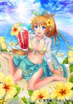  bad_id bad_pixiv_id bikini blue_eyes blue_sky bracelet breasts cleavage cloud day drink flower front-tie_top glass happy hibiscus jewelry large_breasts long_hair looking_at_viewer matsurika_youko navel ocean open_mouth original pendant ponytail sarong shiny shiny_skin shirt sitting sky smile solo swimsuit tenka_touitsu_chronicle tied_shirt wariza 