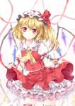  arm_ribbon ascot backlighting bad_id bad_pixiv_id blonde_hair embellished_costume flandre_scarlet hat hat_ribbon looking_at_viewer mob_cap petticoat puffy_sleeves red_eyes ribbon riichu shirt short_sleeves skirt skirt_lift skirt_set solo thigh_strap touhou vest wings wrist_cuffs 