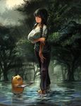  barefoot black_hair breast_hold breasts commentary_request emuson forest full_body highres holding_arm huge_breasts long_hair nature original outdoors pants pig realistic sleeves_rolled_up wading water 