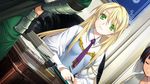  1girl alice_soft blonde_hair breasts chair game_cg green_eyes highres long_hair looking_up necktie paper rance09:_the_helman_revolution siera_helman sitting small_breasts smile standing table writing 