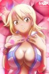 adson blonde_hair breasts brown_eyes cleavage collaboration colorized earrings fairy_tail gairon hair_ribbon heart heart_earrings jewelry large_breasts long_hair lucy_heartfilia lying nail_polish no_bra on_back one_side_up pink_nails ribbon solo tattoo unzipped wristband 