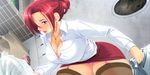  1girl blue_eyes breasts cleavage earrings garbage jewelry large_breasts milf panties red_hair revenge_room tomioka_saori underwear yoko_juusuke 