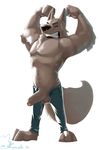 abs anthro arms_behind_head balls barefoot biceps big_muscles big_penis black_nose canine chest_tuft clenched_teeth clothing erection exlof eyes_closed flexing fur grey_fur humanoid_penis jeans korichi male mammal muscles pants pecs penis plain_background pose solo standing teeth toned topless tuft uncut vein white_background wolf 