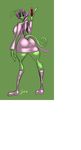  antennae back big_breasts black_eyes breasts butt clothed clothing female green_skin hair hourglass huge_breasts looking_at_viewer looking_back pink_hair plain_background smile standing tight_clothing wings 