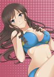  amagami bikini blue_bikini blue_eyes blush breasts brown_hair cleavage kishida-shiki large_breasts long_hair looking_at_viewer lying morishima_haruka navel on_back shiny shiny_skin smile solo swimsuit 