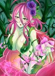  blush breasts cleavage collarbone covered_nipples flower green_skin hair_flower hair_ornament large_breasts leaf leaning_forward long_hair megane_man monster_girl navel original plant plant_girl pointy_ears pollen solo thorns vines 