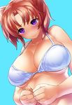  bare_shoulders blue_background blush bra breasts katourennyu large_breasts mikakunin_de_shinkoukei pink_hair purple_eyes short_hair simple_background smile solo two_side_up underwear white_bra yonomori_kobeni 