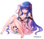  arm_behind_head bad_id bad_pixiv_id bare_shoulders barefoot blue_hair bow breasts choker cleavage fang floral_print full_body hair_bow hizuki_akira japanese_clothes kimono legs long_hair medium_breasts off_shoulder open_mouth original panda purple_eyes sangoku_infinity sidelocks simple_background sitting solo tears very_long_hair watermark white_background 