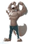  anthro arms_behind_head barefoot biceps big_muscles black_nose canine chest_tuft clenched_teeth clothing exlof eyes_closed flexing fur grey_fur jeans korichi male mammal muscles pants pecs plain_background pose solo standing teeth toned topless tuft white_background wolf 