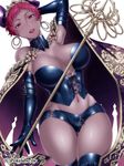  bad_id bad_pixiv_id black_gloves bondage_outfit breasts bustier cape cleavage crown dark_skin demon_horns earrings elbow_gloves gloves hizuki_akira horns jewelry jinma_taisen_armageddon large_breasts leather lipstick looking_at_viewer makeup navel original red_eyes red_hair red_lips red_lipstick short_hair shorts smile solo staff 