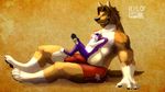  anthro barefoot biceps bulge canine claws clenched_teeth clothing exlof eyes_closed folf fox fur grin hybrid korichi lounging male mammal markings muscles nude paws pecs purple_fur relaxing shorts shyloc side_view size_difference socks_(marking) teeth texture_background toned topless wolf yellow_fur 