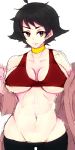  1girl abs ahoge ass_visible_through_thighs black_hair bra breasts cameltoe choker cleavage collarbone commentary_request dougi frown groin highres large_breasts lowleg lowleg_pants makoto_(street_fighter) navel no_panties off_shoulder pants red_bra red_eyes ri_yuka-shi ribbon_choker short_hair solo sports_bra street_fighter thigh_gap underboob underwear undressing 