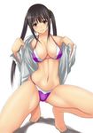  barefoot bikini black_hair breasts brown_eyes cleavage large_breasts long_hair looking_at_viewer muffin_(sirumeria) navel one_knee open_clothes open_shirt original purple_bikini shiny shiny_skin shirt smile solo strap_gap swimsuit twintails white_background 