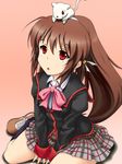  animal animal_on_head bow brown_hair cat cat_on_head highres lennon little_busters! long_hair masha_(ansatuka) natsume_rin on_head pink_bow ponytail red_eyes school_uniform sitting wariza 