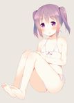  bare_shoulders barefoot bikini blush brown_hair feet flat_chest front-tie_top full_body legs long_hair looking_at_viewer meito_(maze) open_mouth original purple_eyes side-tie_bikini sitting soles solo swimsuit twintails white_bikini 