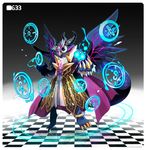  amon_(p&amp;d) anklet beak bird blue_eyes claws cloak horns jewelry monster monster_boy owl puzzle_&amp;_dragons tail wings 