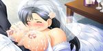  1boy 1girl black_hair breasts bridal_veil bride censored cum cum_in_mouth dress fellatio jinmuji_miyu large_breasts long_hair nipples oral paizuri revenge_room table veil wedding_dress yoko_juusuke 