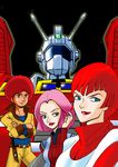  1boy 2girls afro blue_eyes brown_eyes cosmo_yuki densetsu_kyojin_ideon green_eyes harulu_ajiba ideon knife mecha multiple_girls no_pupils pink_hair red_hair sheryl_formosa 