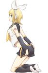  :p aobe_mahito blonde_hair blue_eyes hairband kagamine_rin kneeling midriff short_hair shorts simple_background solo tongue tongue_out vocaloid white_background 