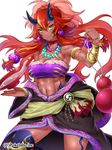  abs alcohol bad_id bad_pixiv_id breasts cleavage cup dark_skin earrings fang gourd green_eyes hizuki_akira horns jewelry large_breasts long_hair muscle nail_polish navel necklace oni original red_hair red_nails sakazuki sake sangoku_infinity smile solo white_background 